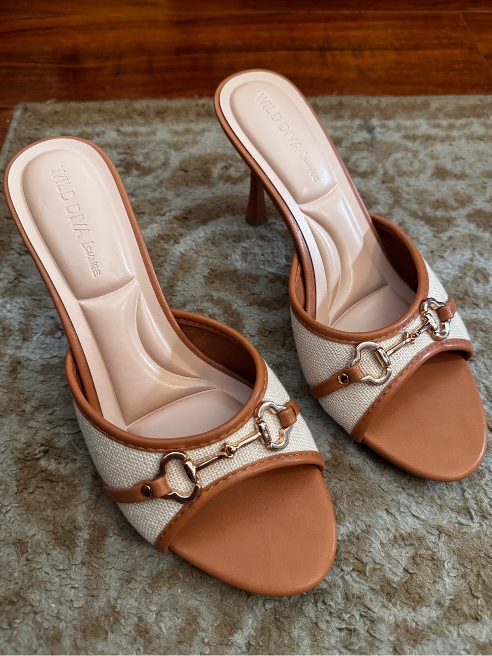 Tan canvas Horsebit buckle mules brown faux leather trim heels sandals chic